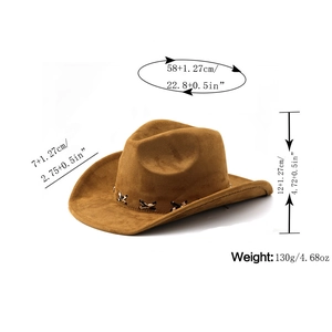 Brown faux suede western cowboy hat with detailed measurements and braided trim