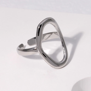 Minimalist silver geometric open ring with irregular oval cutout design for women