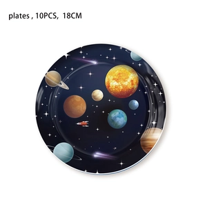 Starry sky themed 18cm paper plates with planet and rocket patterns for birthday parties