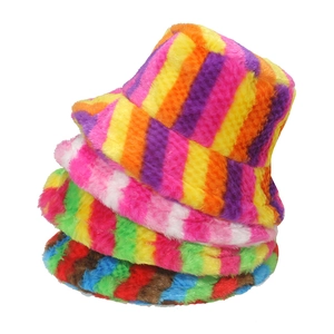 Colorful Stripe Rainbow Faux Fur Bucket Hat Plush Thick Warm Winter Fisherman Hat For Women