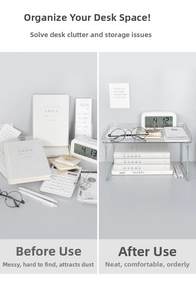 Detail of transparent acrylic desk organizer showing stable silver metal support legs