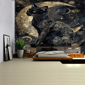 Black and gold sun moon mandala tapestry featuring a mystic cat for bedroom wall decor