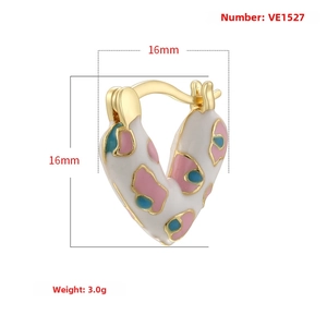 Colorful enamel heart huggie earrings with gold plating and leopard print patterns