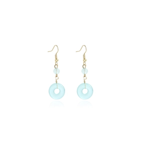 Detail of light blue butterfly tassel earrings with pearls and gold hooks for cheongsam