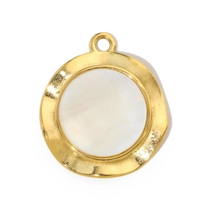 Macro detail of round gold titanium steel pendant with white shell inlay texture
