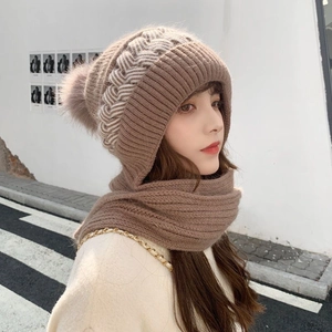 Winter knitted hood scarf combo with pom-pom in light brown featuring rib-knit texture
