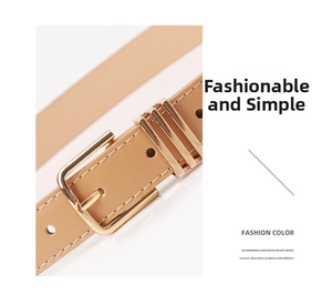 Detail of light khaki PU leather skinny belt featuring a stylish gold square buckle
