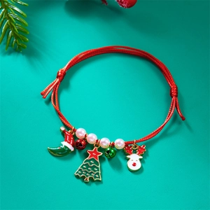 Handmade red braided Christmas bracelet with festive tree and reindeer charms