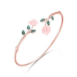 Pink enamel rose flower open bangle in rose gold finish with green leaf accents