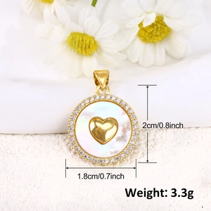 Detailed view of a gold heart shell pendant with dimensions 2cm x 1.8cm and 3.3g weight