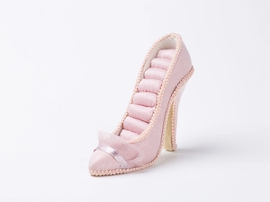Pink high heel shoe ring holder featuring silk fabric with lace and ribbon details