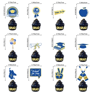 12pcs Blue and Gold Graduation Cupcake Toppers with detailed size measurements and glitter