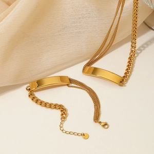 Stainless Steel Necklace And Bracelet With Smooth Curved Plate Asymmetrical Cuban Link For Women Fashion Minimalist