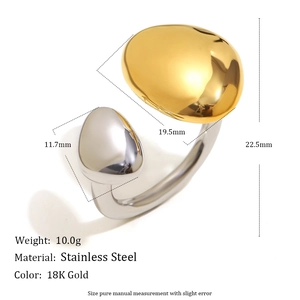 Irregular 18K gold and silver plated stainless steel open ring with size specifications