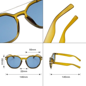 Amber tortoiseshell sunglasses with blue lenses and silver metal double-bridge frame