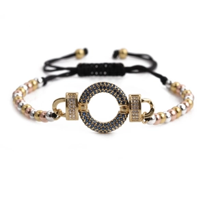 Verstellbares schwarzes Webarmband mit blauem Zirkonia und Perlen in Gold Silber Roségold