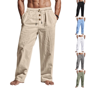 Men's Casual Pants Cotton Linen Drawstring Elastic Waist Breathable Summer Beach Straight Leg Trousers Decorative Buttons