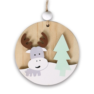 3D wooden Christmas tree ornament with reindeer carving and natural jute rope hanger
