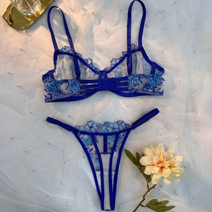 Navy blue lace lingerie set with floral embroidery and cut-out details on white mesh