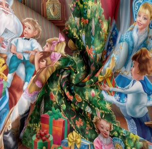 Detailansicht der Stofftextur und des weihnachtlichen Vintage-Drucks mit Weihnachtsmann-Motiv