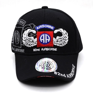 Detailed view of high-density 3D embroidery on black 82nd Airborne Division baseball cap