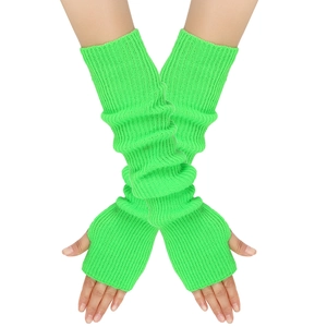 Detail von neongrünen gerippten fingerlosen langen Handschuhen bis unter den Ellbogen