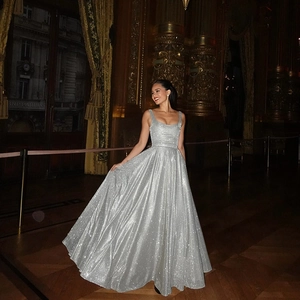 Robe Maxi À Paillettes Sans Manches Col Carré Brillante Ligne A Robe De Soirée Pour Femmes Fête Élégante