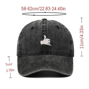 Detailed dimensions of a vintage washed grey baseball cap with embroidery