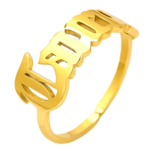 Detailed view of adjustable gold-plated Linda name ring with gothic style font design