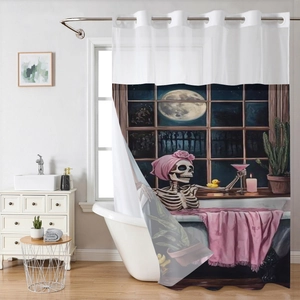 Detail showing waffle weave shower curtain with gothic skeleton print and hooks