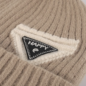 Winter khaki knitted beanie with double-layer warmth and Happy embroidery patch logo