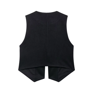 Modern V-neck black vest with embroidery and geometric back lines in suede-like texture