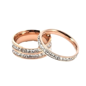 Sparkling rose gold titanium steel couple rings set with double and single row zirconia