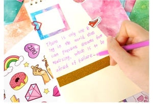 Detail of DIY journal kit featuring cute cartoon stickers and glitter tape for scrapbooking