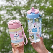 Detail of two large portable water bottles with cute bear design and carry straps