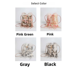 Detailed grid view of faux fur crossbody bags in four vibrant mixed color options