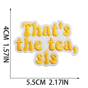 Detailed measurement of the yellow 'That's the tea sis' cartoon embroidered patch