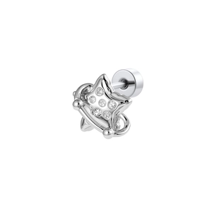 Minimalist silver star screw back stud earring with cubic zirconia on white background