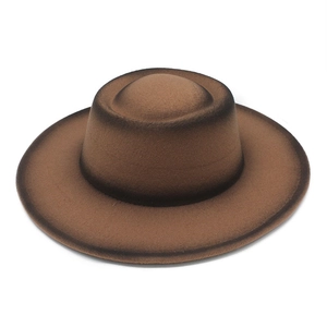 Retro gradient brown wide brim felt fedora hat with a stylish flat top for women