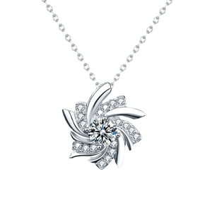 S925 sterling silver windmill flower pendant necklace with moissanite and round crystal