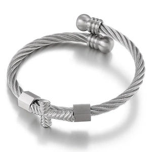 Men Stainless Steel Cross Cable Wire Bangle Open Cuff Bracelet Punk Religious Style Jewelry