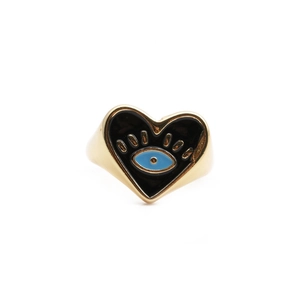 Gold plated 18k heart ring featuring blue evil eye enamel design on white background