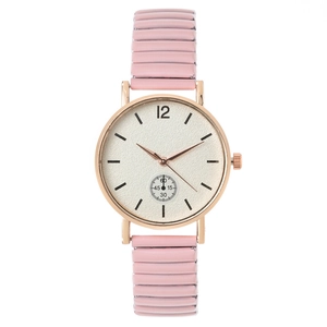 Montre quartz rose pour femme avec boîtier or rose et bracelet élastique sur blanc