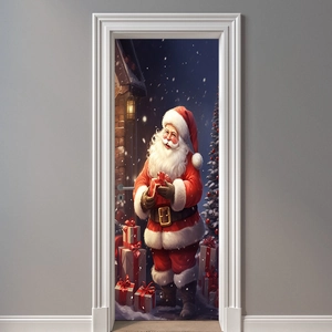 Festive Christmas Santa Claus door sticker with gift boxes and tree for home holiday decor