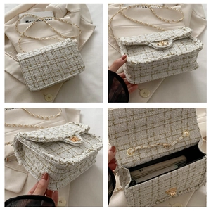 Detail view of tweed chain bag showing four angles including golden hardware and interior