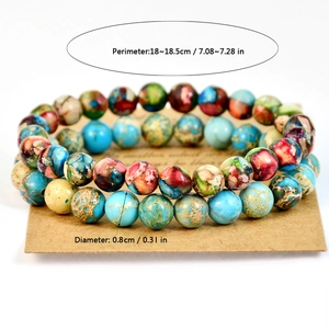 Close-up of bohemian beaded bracelet with 8mm colorful emperor stone and dimensions