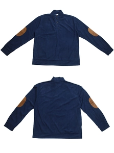 Détails du sweat-shirt en velours côtelé bleu foncé avec coudières brunes et col boutonné