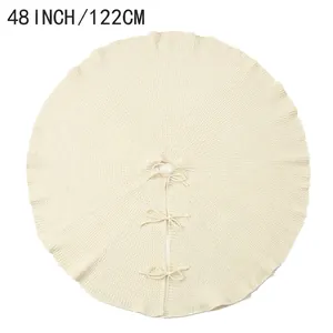 Cream white chunky knit Christmas tree skirt 48 inch with bow ties on white background
