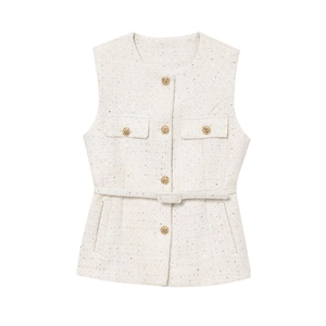 Elegant tweed vest for women with golden buttons and matching waist belt in ivory beige