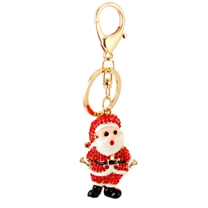 Golden Christmas Santa Claus keychain with red rhinestones and metal ring for bags